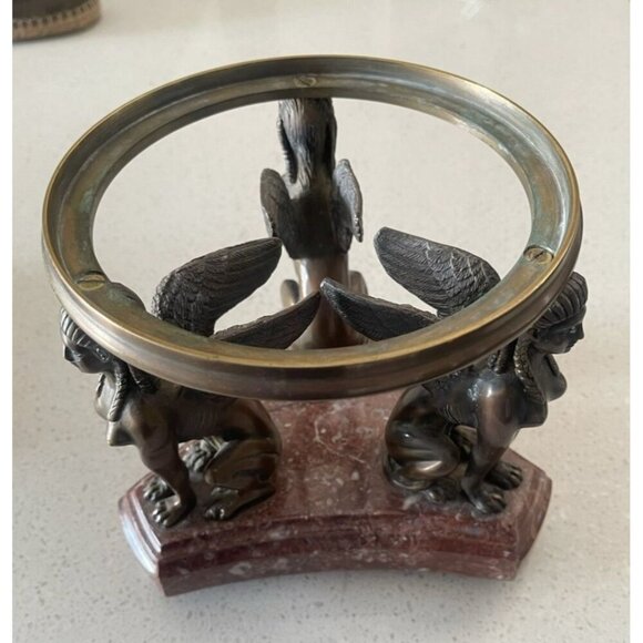 Winged Sphinx Egyptian Bronze Brass Statue Rare Marble Candle Holder Sculpture - Picture 2 of 16